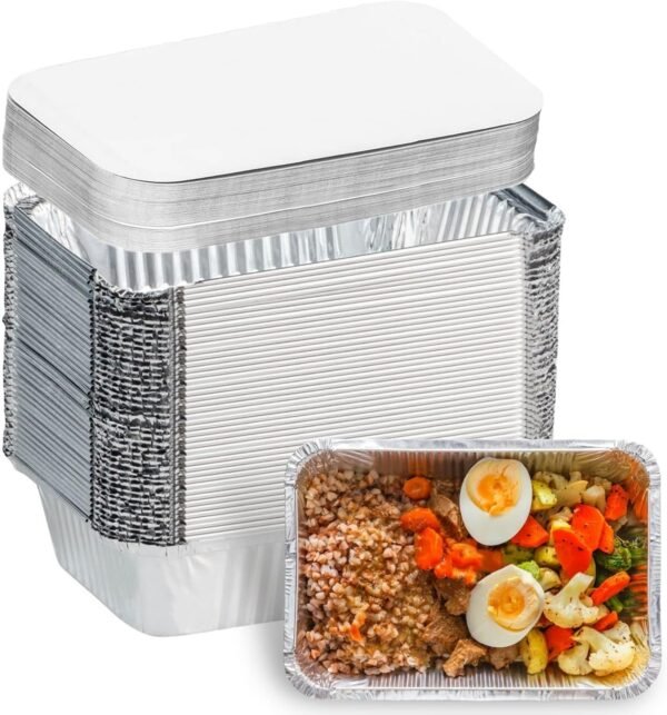 Aluminum Pans with Lids (20-Pack, 7.2"×5.3") 13.4oz Capacity Foil Food Containers with Lids - 20 Pans and 20 Cardboard Covers - Disposable Tin Foil Pans - for Baking, Meal Prep and Freezer, Takeout